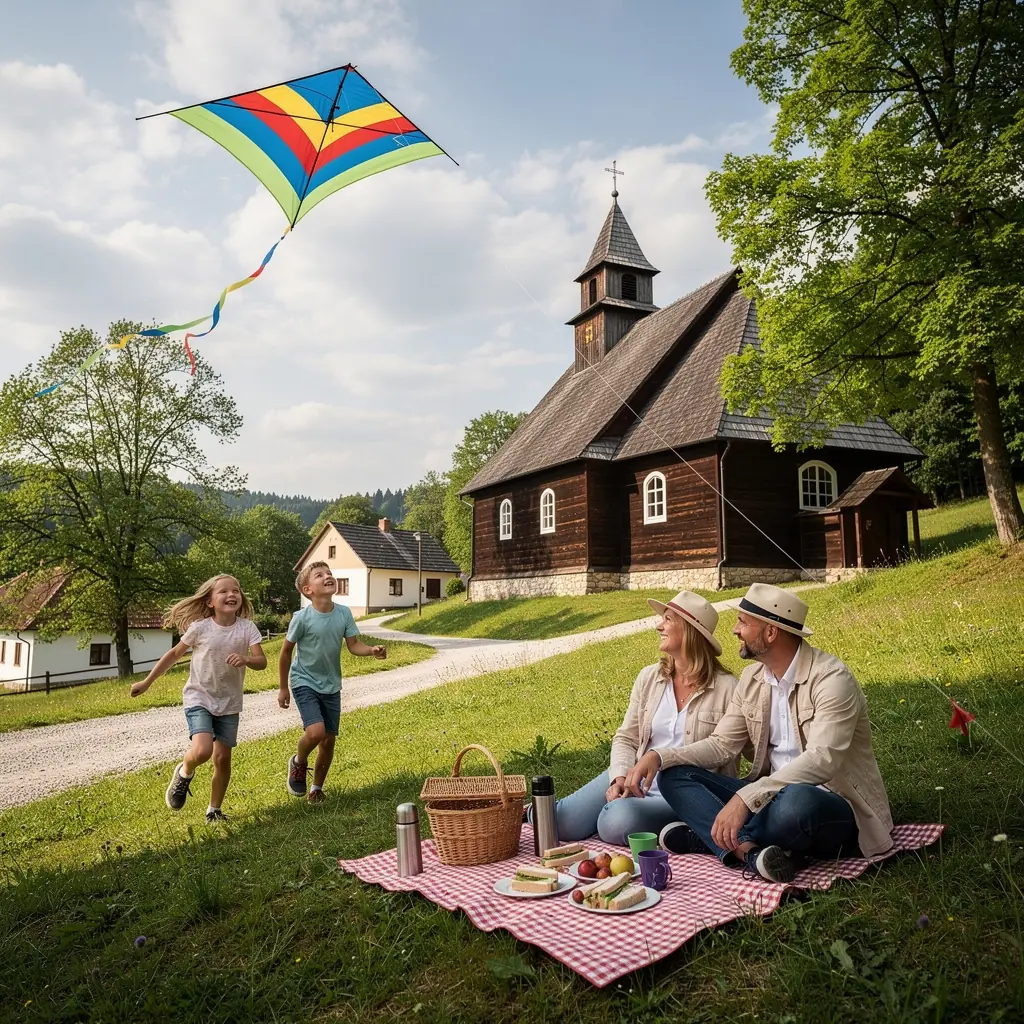 An ancient wooden church with intricate carvings, set against a backdrop of the picturesque Slovak countryside under a clear blue sky.