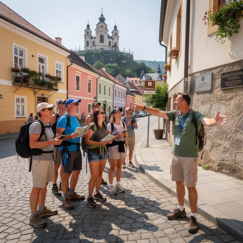 A vibrant marketplace bustling with travelers and locals, showcasing traditional Slovak crafts and culinary delights.